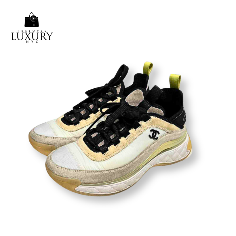 CHANEL Fabric Suede Calfskin CC Sneakers White Ivory