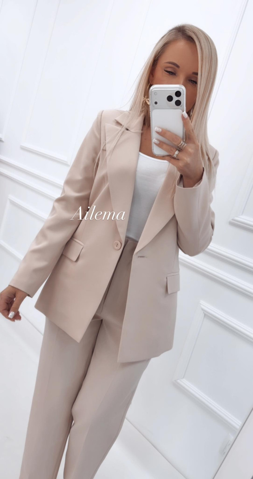 Eleganckie klasyczne spodnie SP677 z przeszyciem, beżowe borowiecki