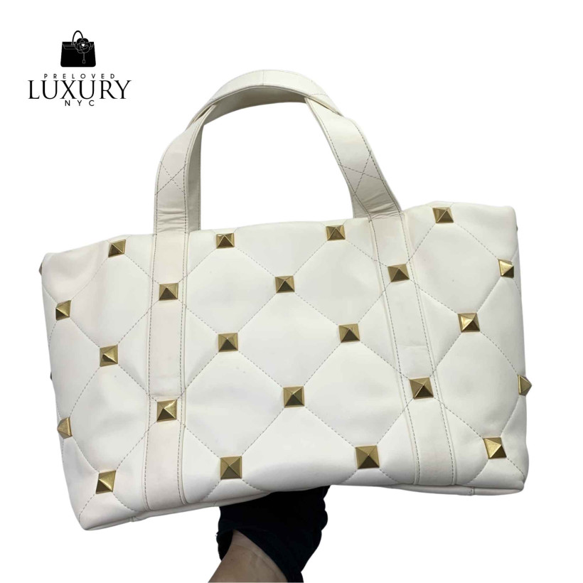 VALENTINO Leather 2021 Calfskin Roman Puffer Tote White Gold Studs