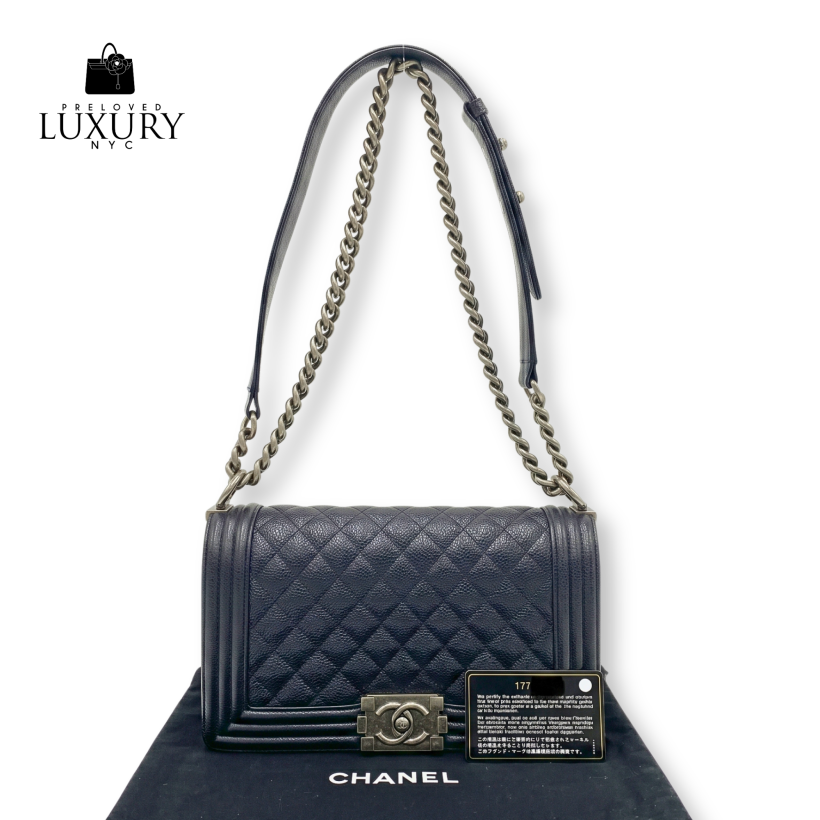 CHANEL Boy Caviar 25cm Old Medium Chain Shoulder SHW Black