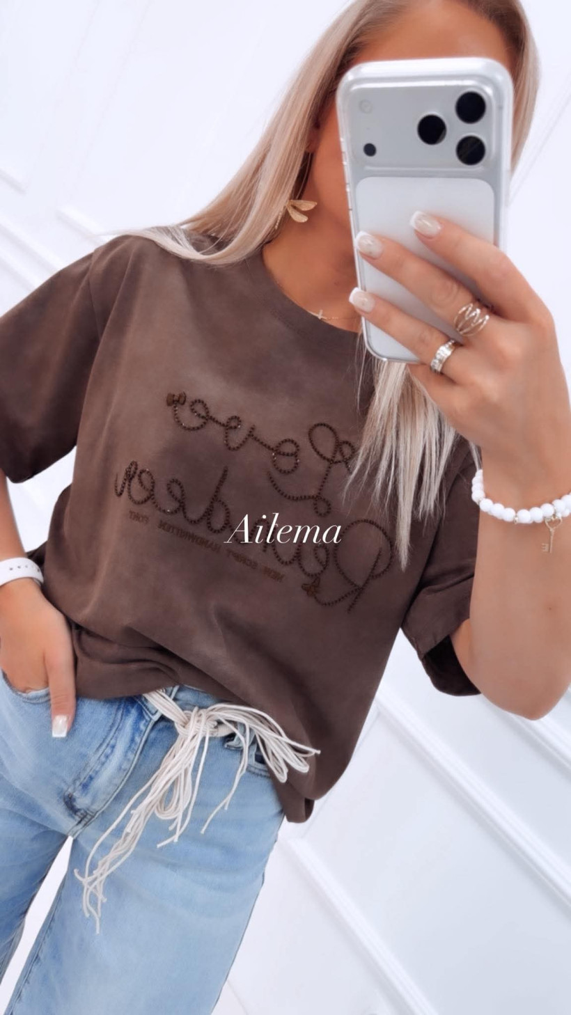 T-shirt okrągły dekolt T2950 błyszczący wyszywany napis 