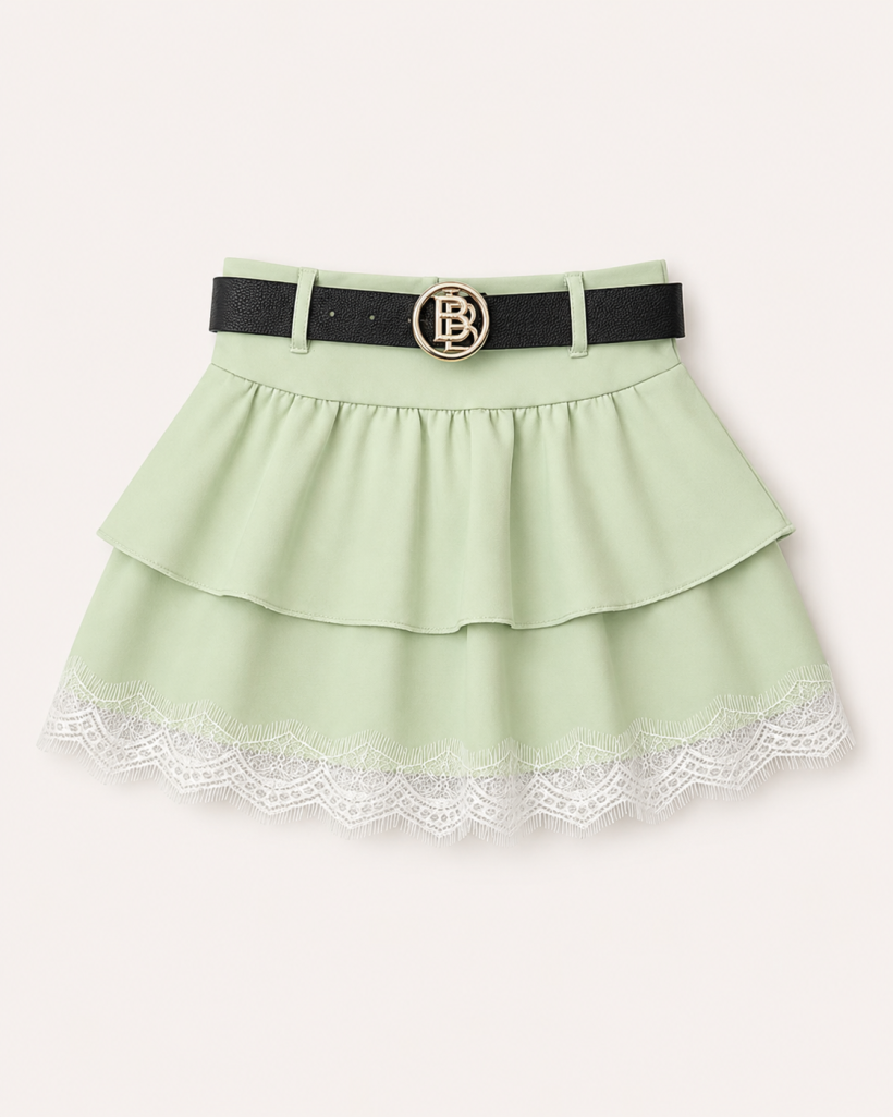 W Spódnica falbanki z koronką pasek 9301- MATCHA