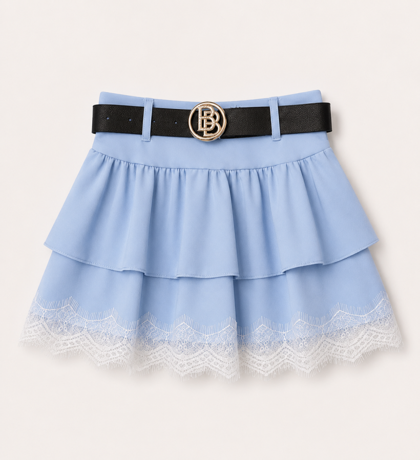 W Spódnica falbanki z koronką pasek 9301- BABY BLUE
