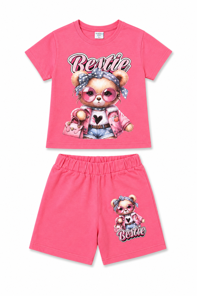 Komplet 2cz t-shirt MIŚ BESTIE spodenki- RÓŻ
