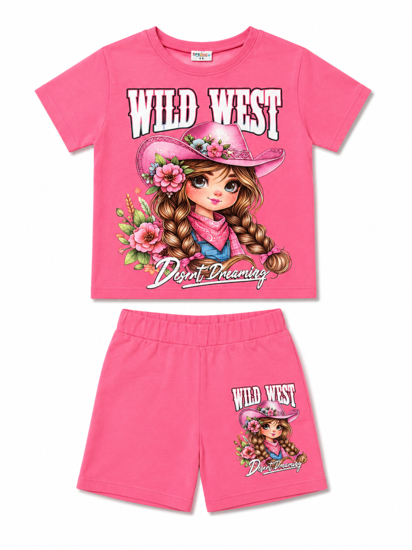 Komplet 2cz t-shirt  WILD WEST DZIEWCZYNKA  W KAPELUSZU spodenki- RÓŻ