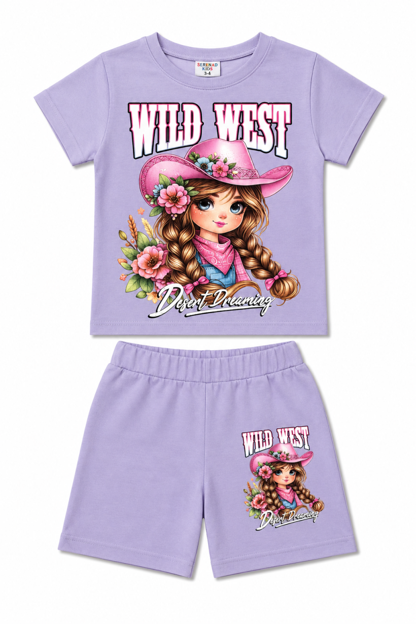 Komplet 2cz t-shirt  WILD WEST DZIEWCZYNKA  W KAPELUSZU spodenki-LILA
