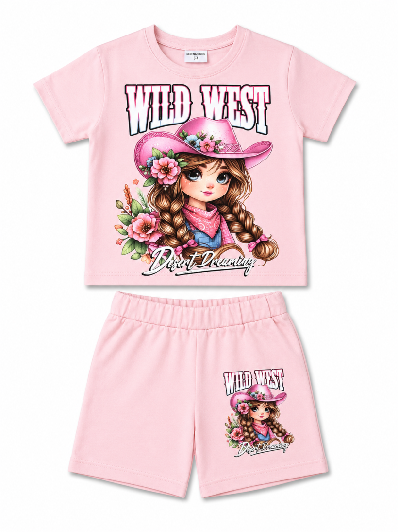 Komplet 2cz t-shirt  WILD WEST DZIEWCZYNKA  W KAPELUSZU spodenki-PUDER