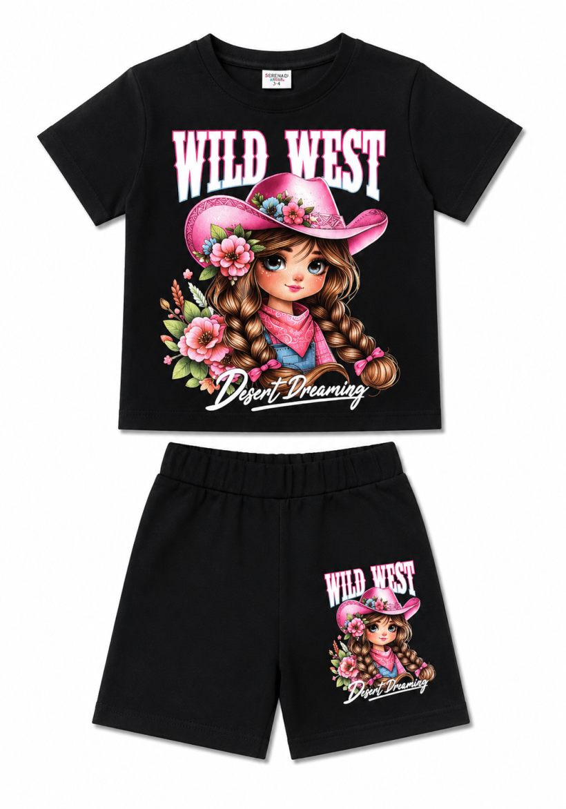 Komplet 2cz t-shirt WILD WEST DZIEWCZYNKA W KAPELUSZU spodenki-CZARNY