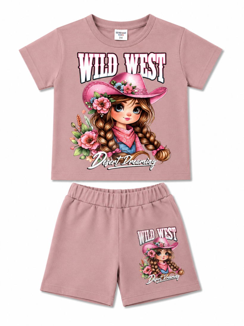 Komplet 2cz t-shirt  WILD WEST DZIEWCZYNKA  W KAPELUSZU spodenki-BRUDNY RÓŻ