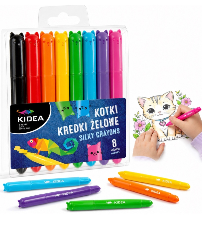 KIDEA Kredki żelowe wykręcane – 8 kolorów KOTKI