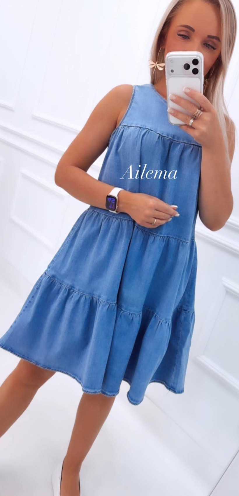 Sukienka jeans Re-Dress 235 z falbanką na szerokich ramiączkach