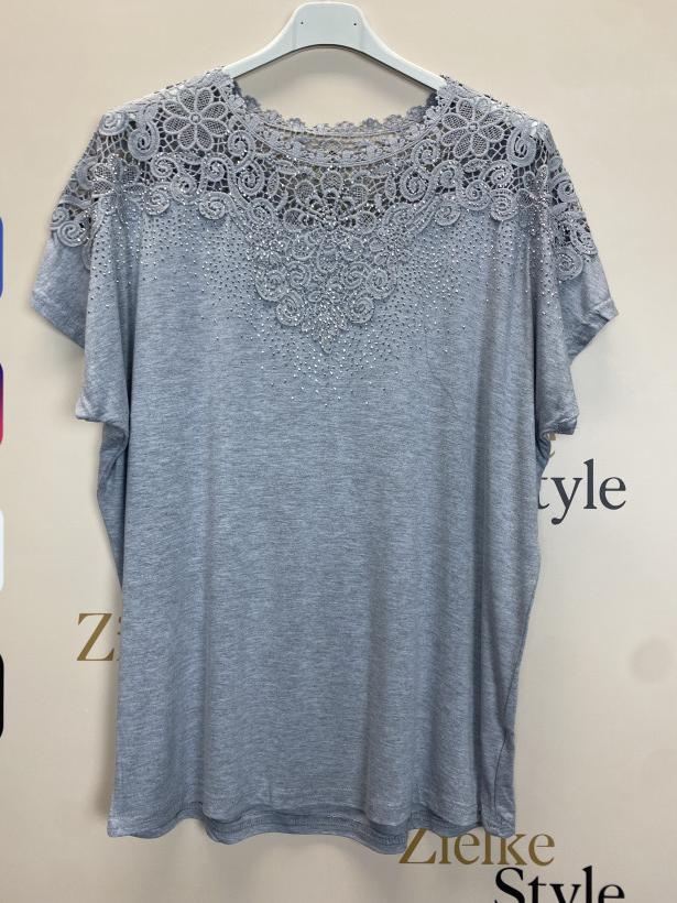 Bluzka jednokolorowa z cyrkoniami -popiel-  BG524 ( 2/3XL-4XL/5XL)