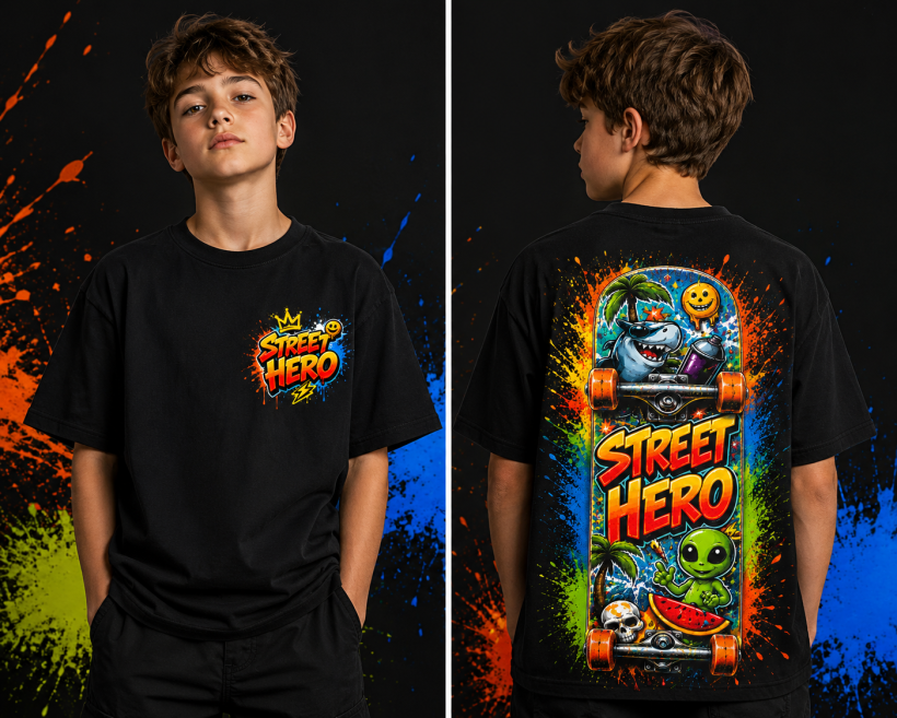 ZA T-shirt CZARNY- Street HERO napis/ tył DESKOROLKA