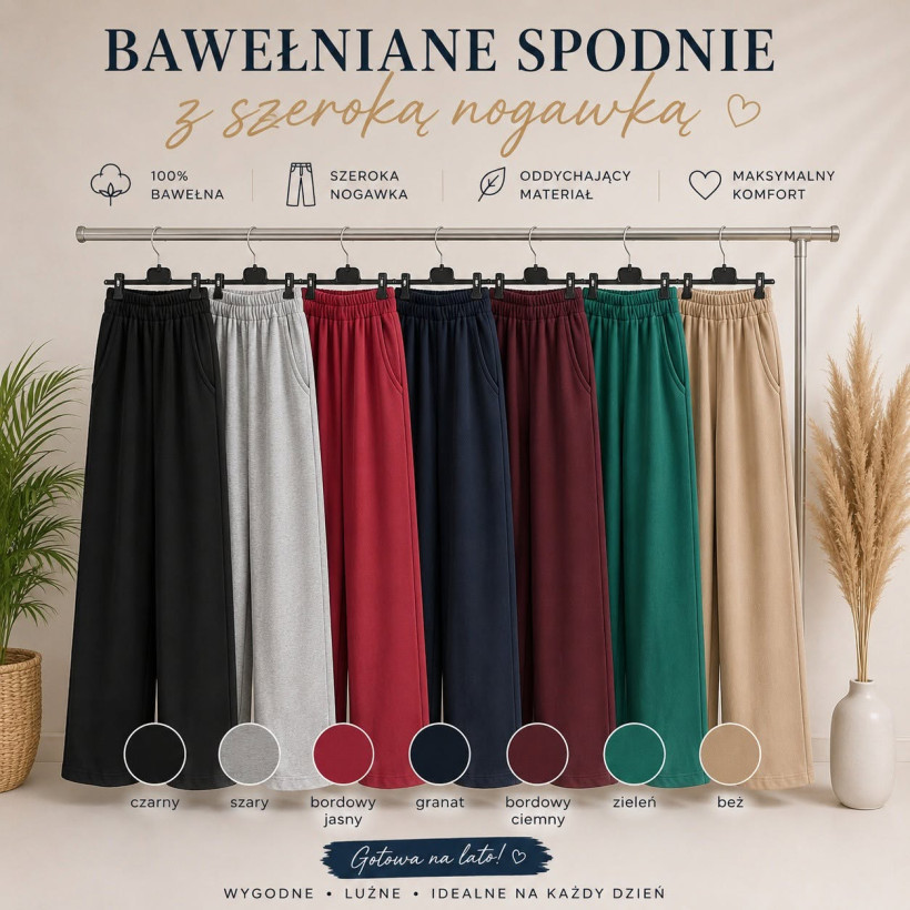  Bawełniane spodnie z szeroką nogawką