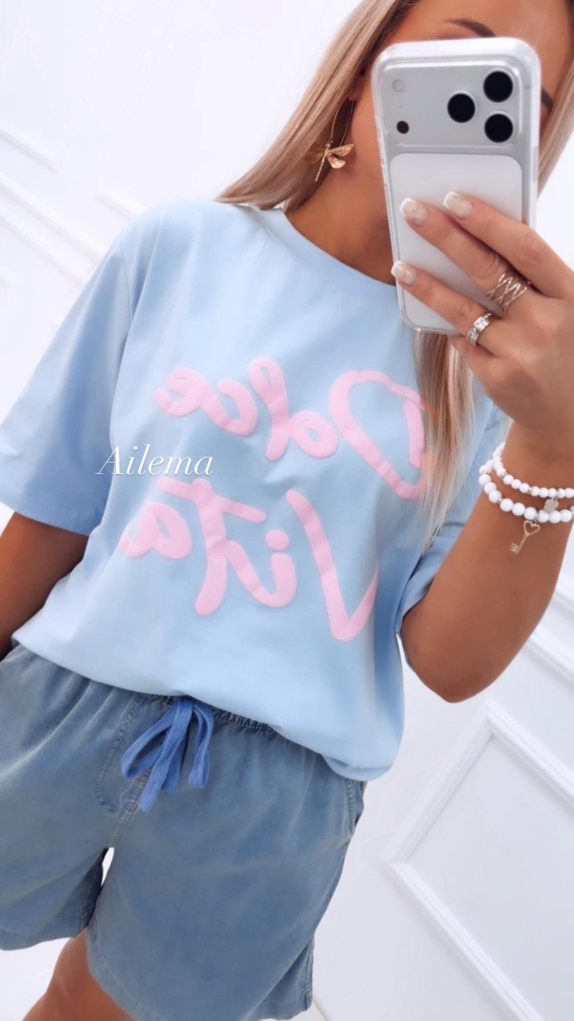 T-shirt okrągły dekolt M01177 napis krótki rękaw 