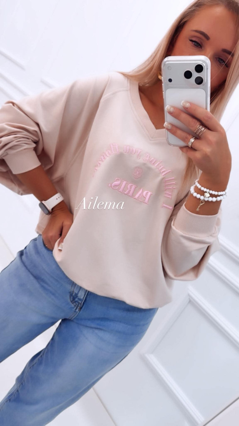 Bluza oversize Motion M01170 dekolt V, napis 