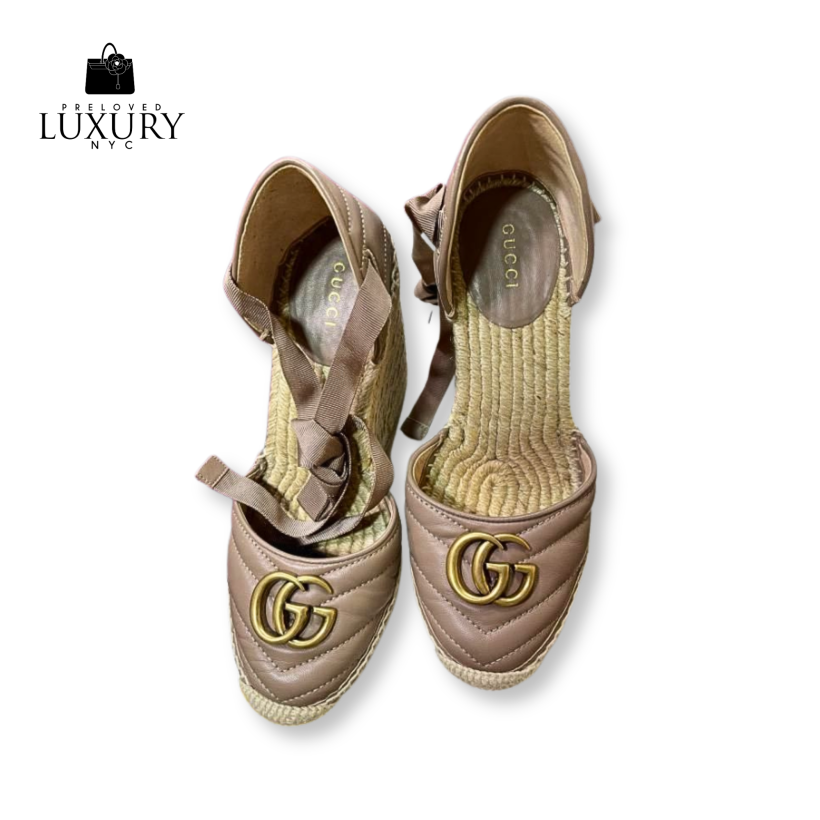 GUCCI Beige Quilted Leather Marmont Espadrille Wedge Sandals