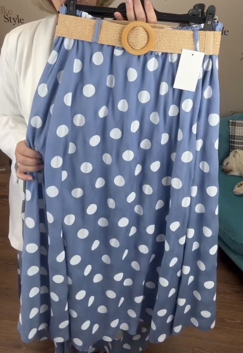 Italia nr 14 - Spódnica jednokolorowa w grochy z paskiem 660941 - jeans