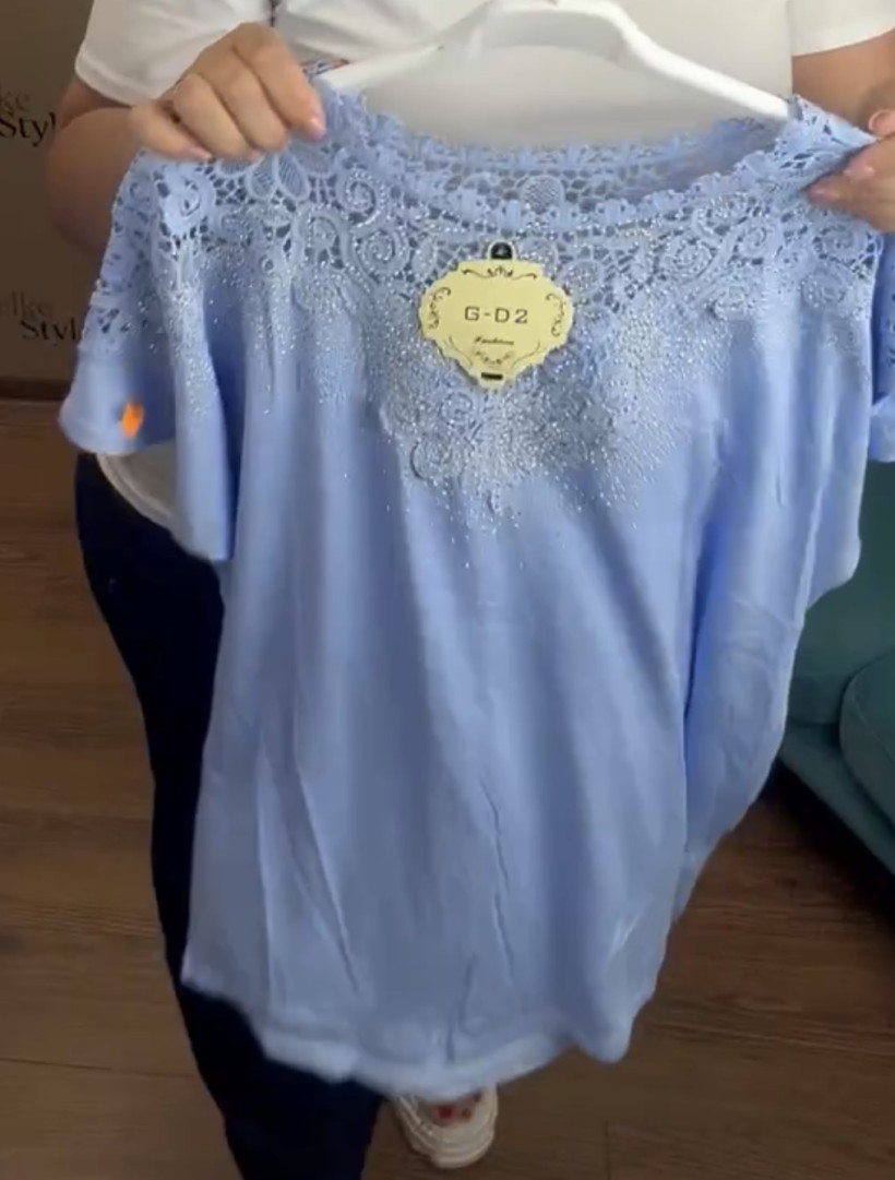 Bluzka jednokolorowa z cyrkoniami -jeans -  BG524 ( 2/3XL-4XL/5XL) - uszkodzona
