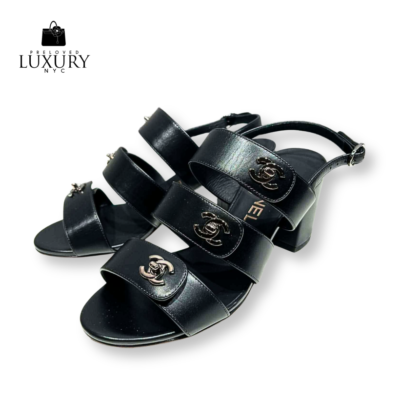 CHANEL Black Leather CC Turnlock Sandals 