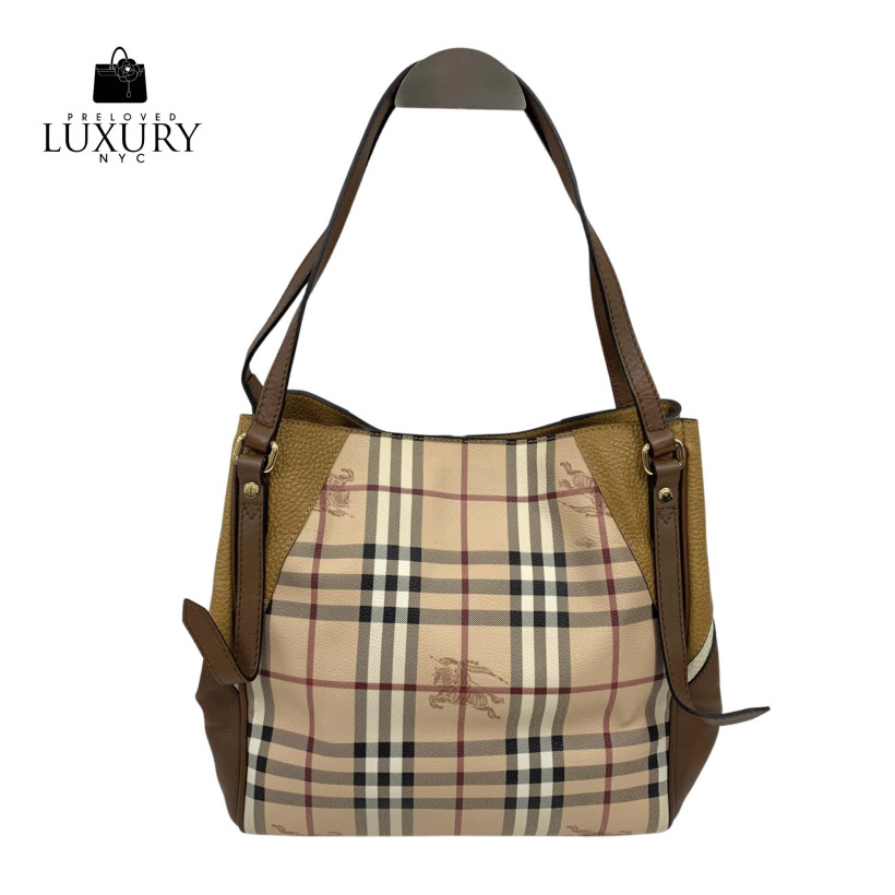 BURBERRY Brown Leather London Checkered Shoulder Tote Bag