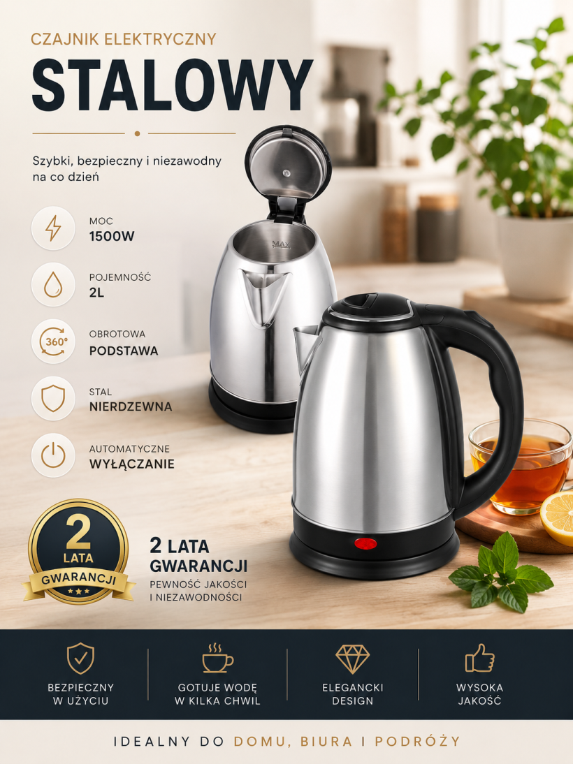 Czajnik elektryczny stalowy 2L 1500W