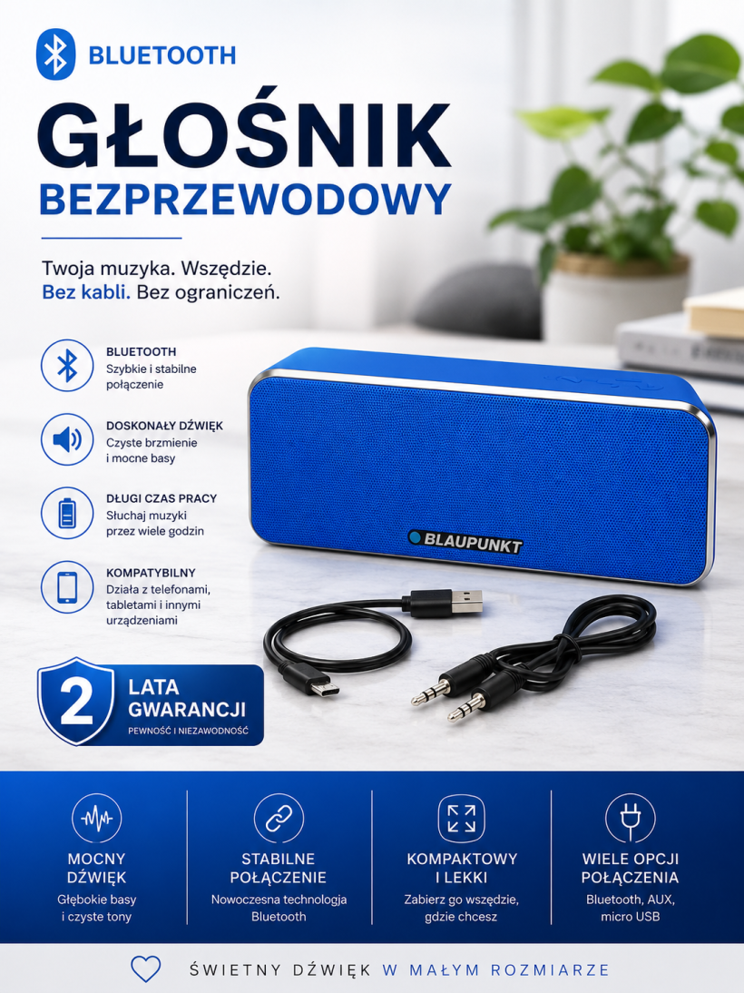 GŁOŚNIK BEZPRZEWODOWY PRZENOŚNY BLUETOOTH MIKROFON BLAUPUNKT