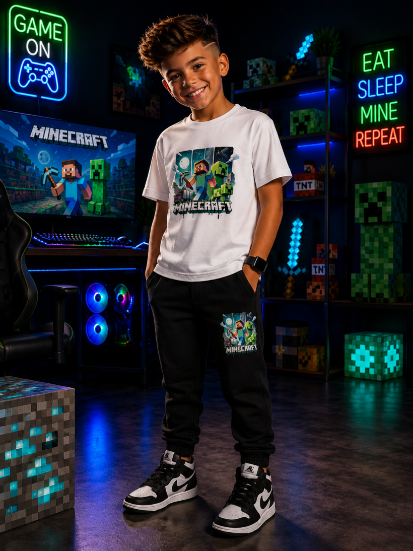 W Komplet 2cz MINECRAFT 3 EKRANY T-shirt spodnie 13339- BIAŁY/CZARNY