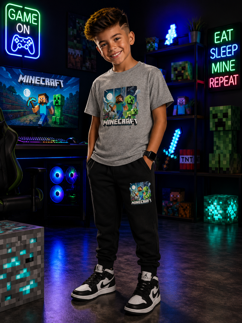 W Komplet 2cz MINECRAFT 3 EKRANY T-shirt spodnie 13339-SZARY/CZARNY