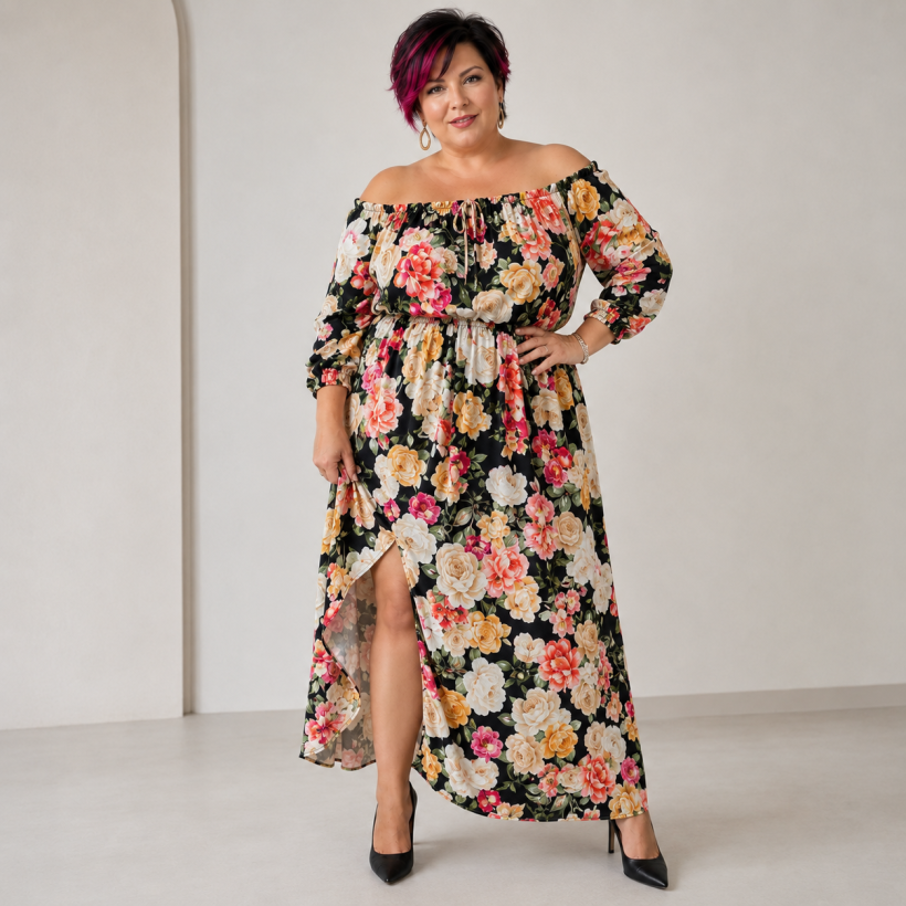 Zwiewna sukienka maxi plus size z wiskozy Floral