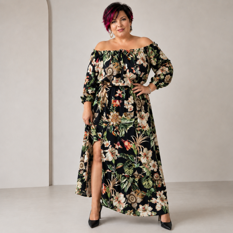Zwiewna sukienka maxi plus size z wiskozy Floral