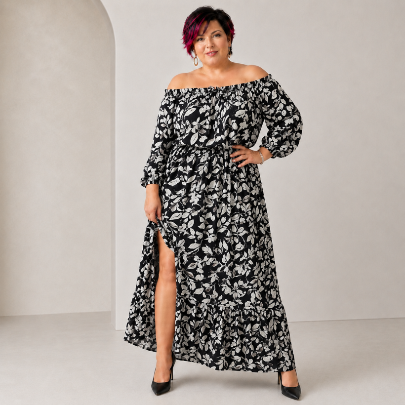 Zwiewna sukienka maxi plus size z wiskozy Floral