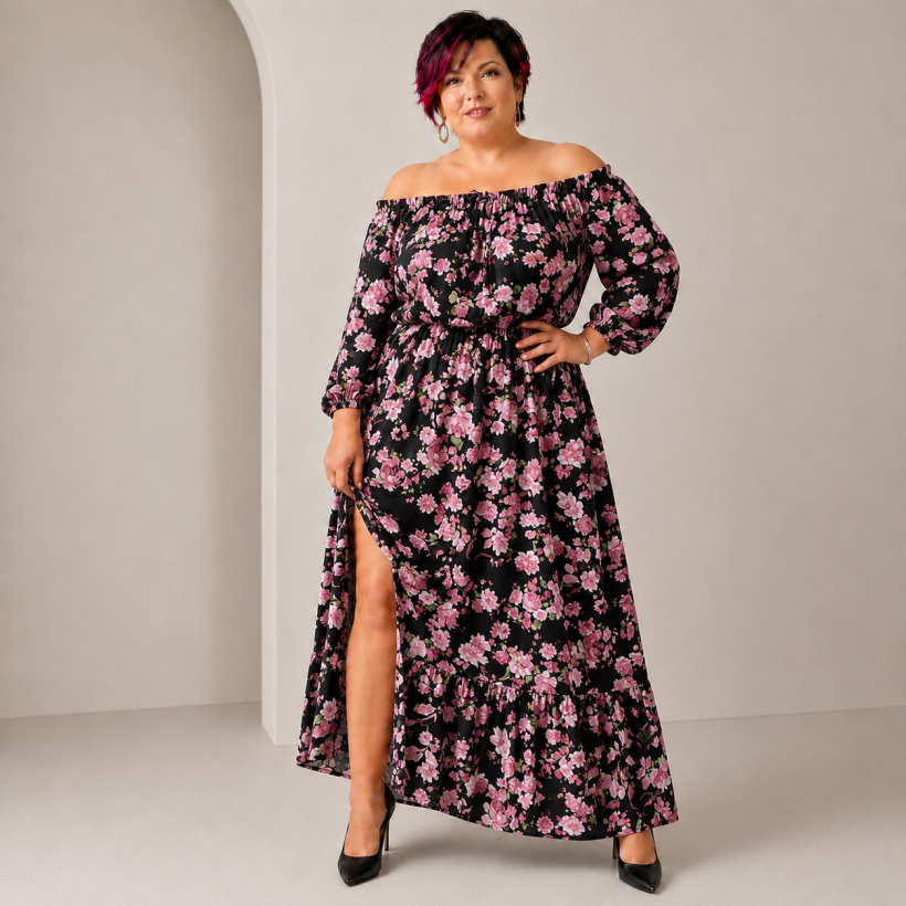 Zwiewna sukienka maxi plus size z wiskozy Floral