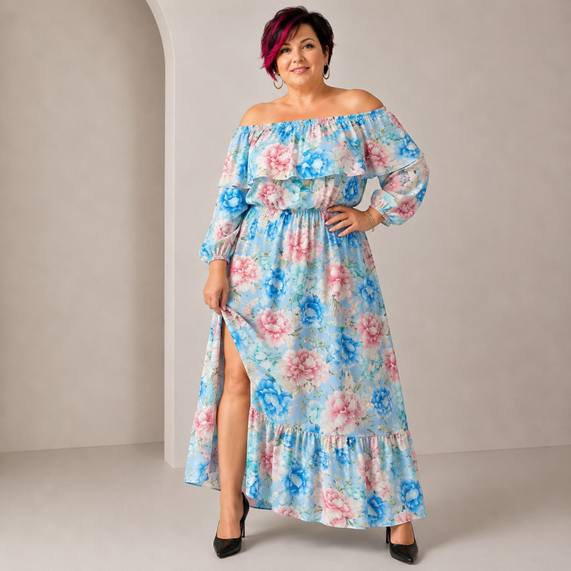Sukienka hiszpanka maxi z wiskozy plus size Floriana  w kwiaty