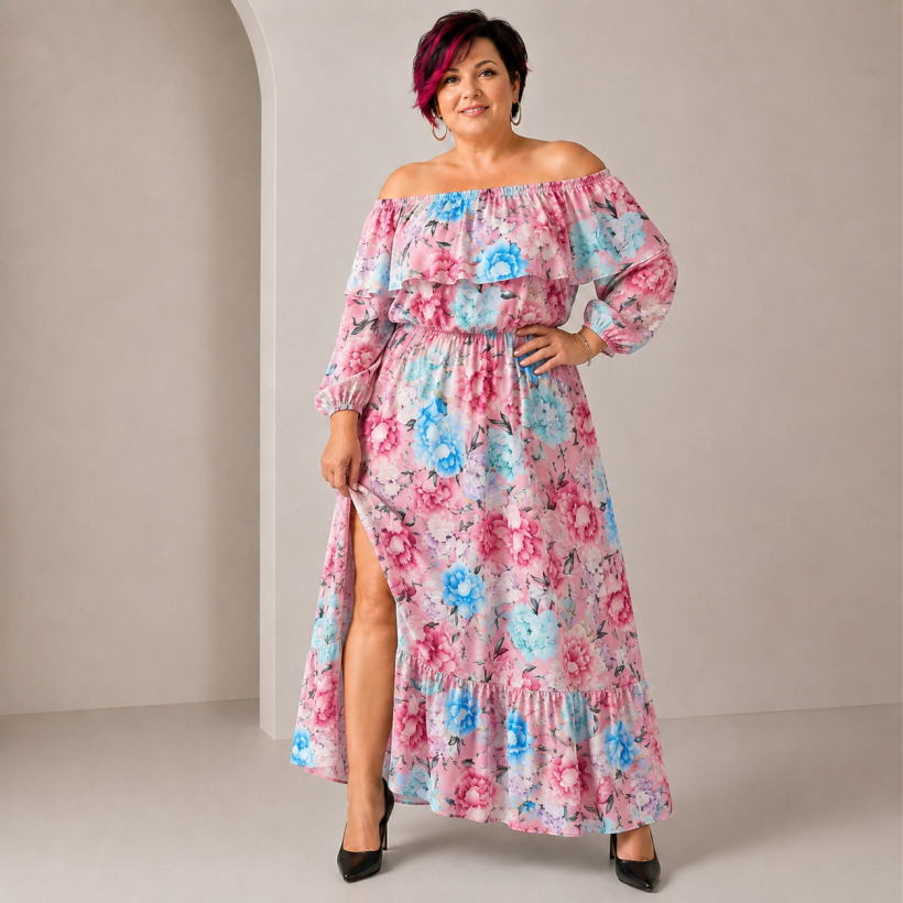 Sukienka hiszpanka maxi z wiskozy plus size Floriana  w kwiaty