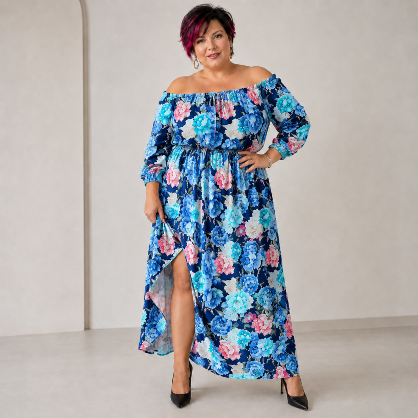 Sukienka hiszpanka maxi z wiskozy plus size Floriana  w kwiaty