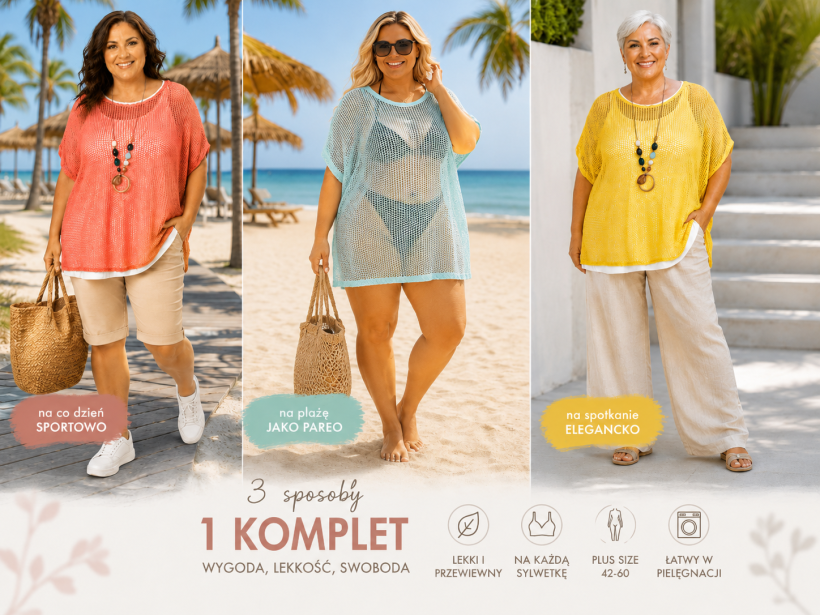 Tunika siateczkowa bawełniana plus size Solea 3w1 z wiskozowym topem i wisiorkiem