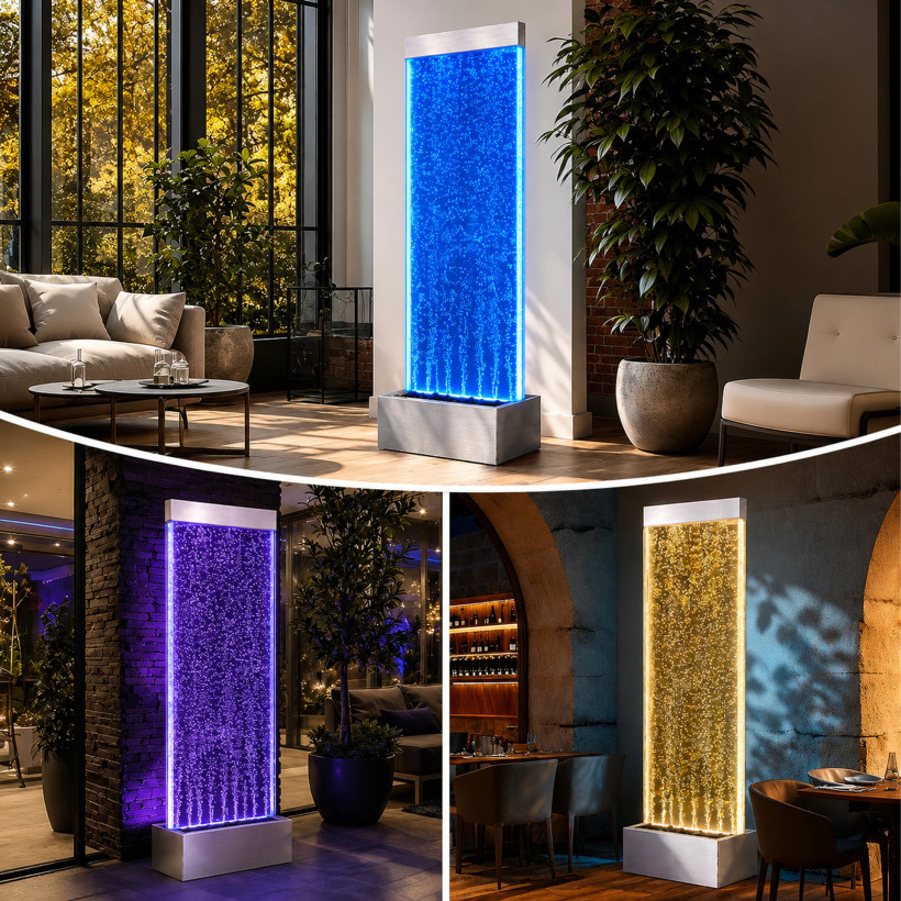 Wolnostojąca ściana ścianka wodna bąbelkowa fontanna LED RGB 183x50,5x28cm