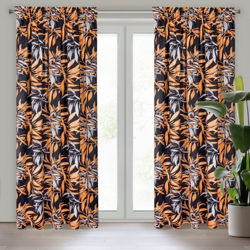 Zasłona we lur 140x270cm taśma Pomarancz liście 