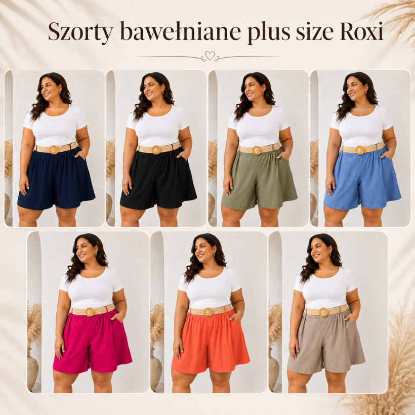 Szorty bawełniane plus size Roxi z paskiem – szeroka nogawka, kieszenie, produkcja włoska