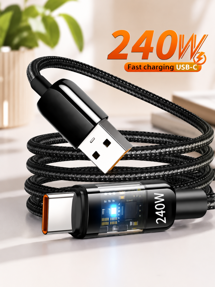 Kabel USB-C 240W Super Fast Charge – Nylonowy Premium z Wyświetlaczem LED