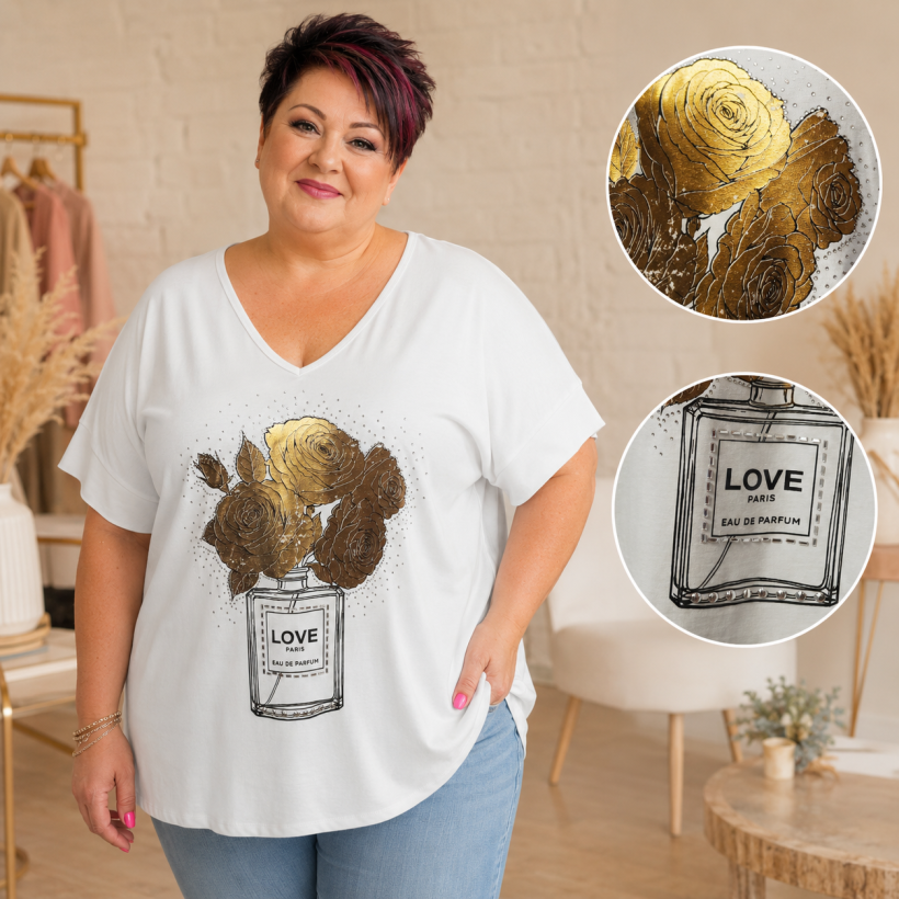 Bawełniana bluzka plus size z dekoltem V i złotymi różami Love – biała