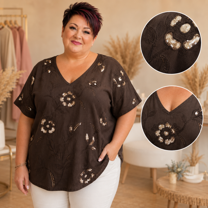 Bawełniana bluzka plus size z haftem i cekinami – czekoladowa