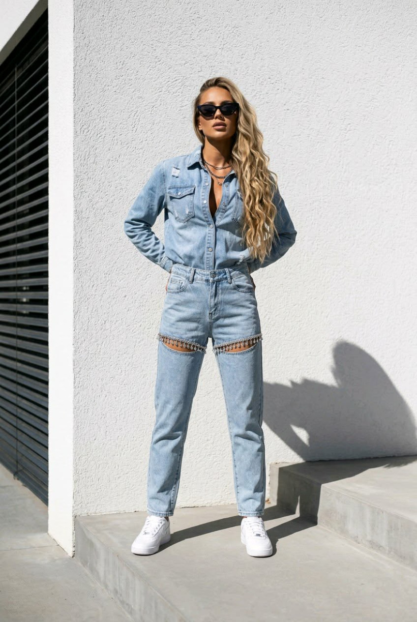 Spodnie jeans z kryształkami