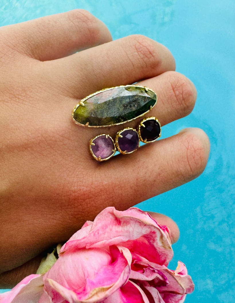 Bague pierre naturelle unakite /amethyste