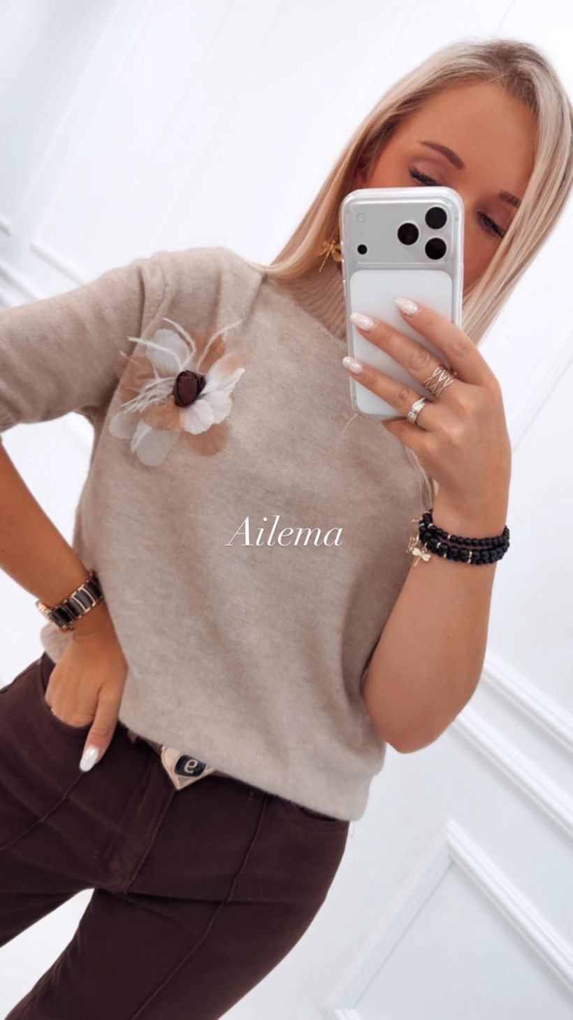 Sweter krótki rękaw XWY-7655 przypinany kwiat 