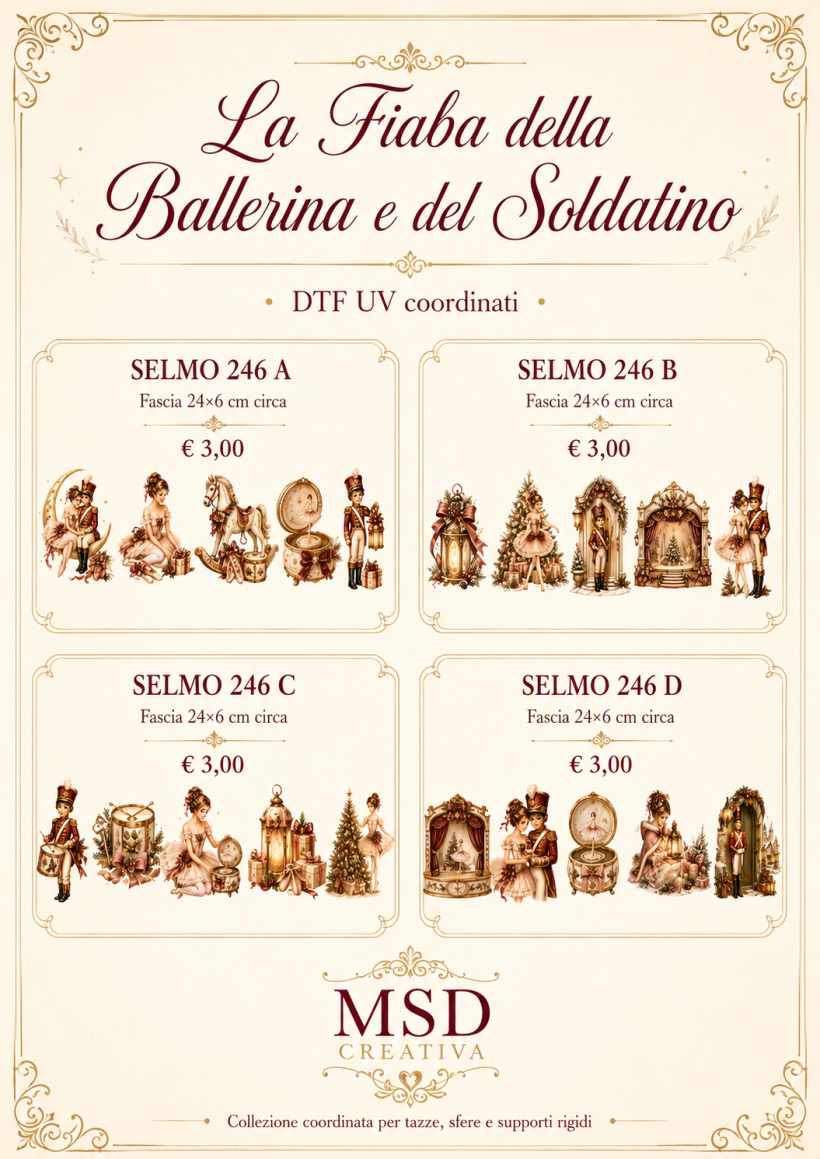 Set 5 soggetti DTF UV – La Fiaba della Ballerina e del Soldatino