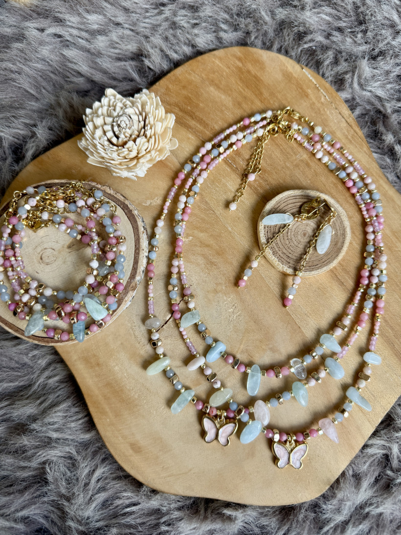 choker morganit, angelit, opal róż 