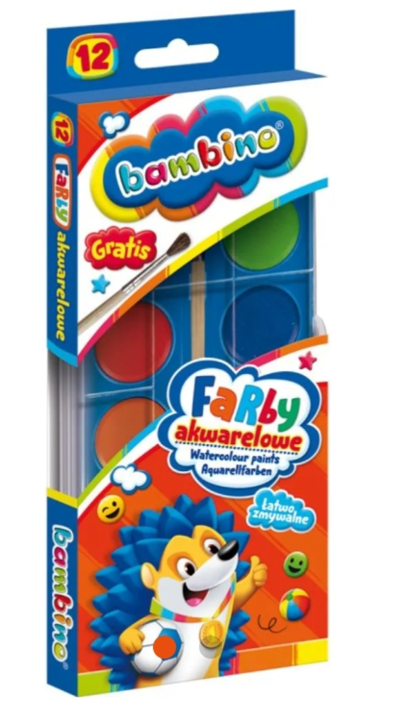 BAMBINO FARBY AKWARELOWE AKWARELE ZESTAW FARB FARBKI WODNE 12 KOLORÓW ŁADNE