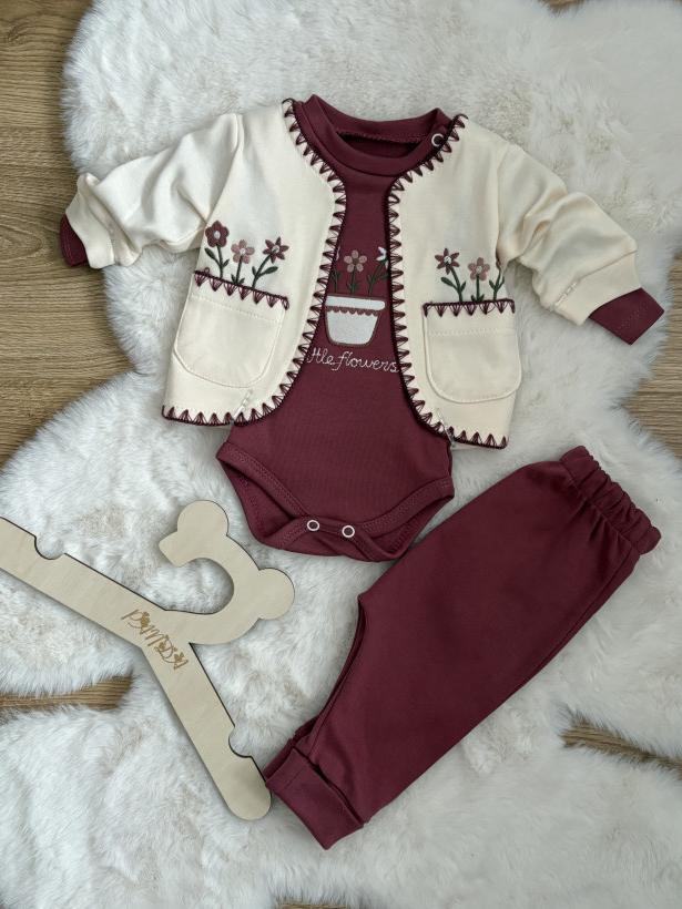 Komplet 3 czesciowy z body, KWIATY, haft, 100% bawełna 